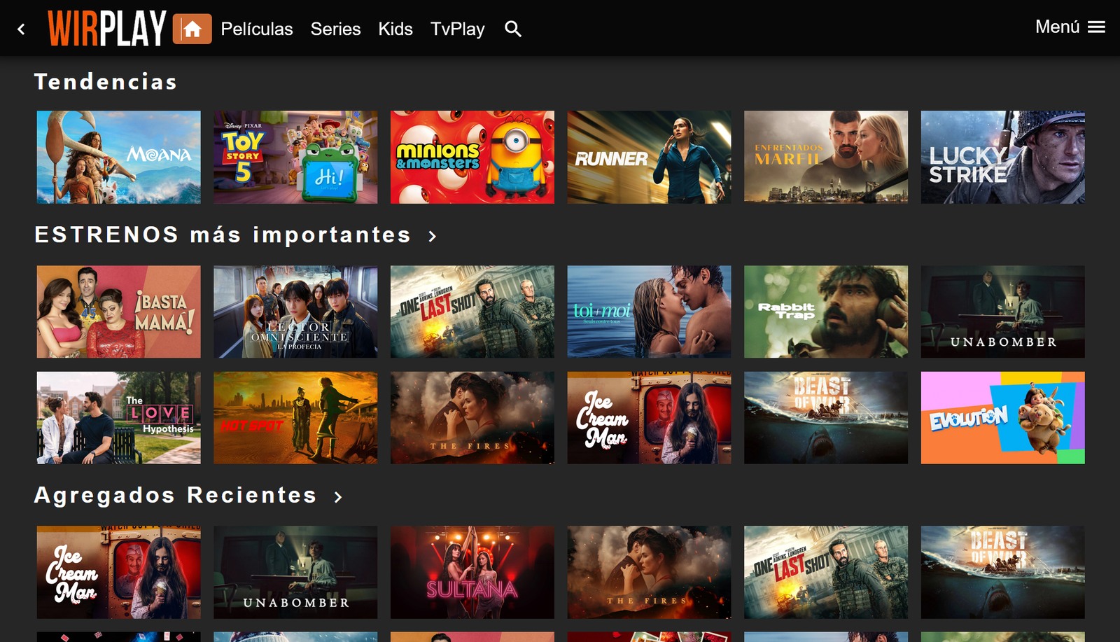Interfaz real de WIRPLAY con series y películas